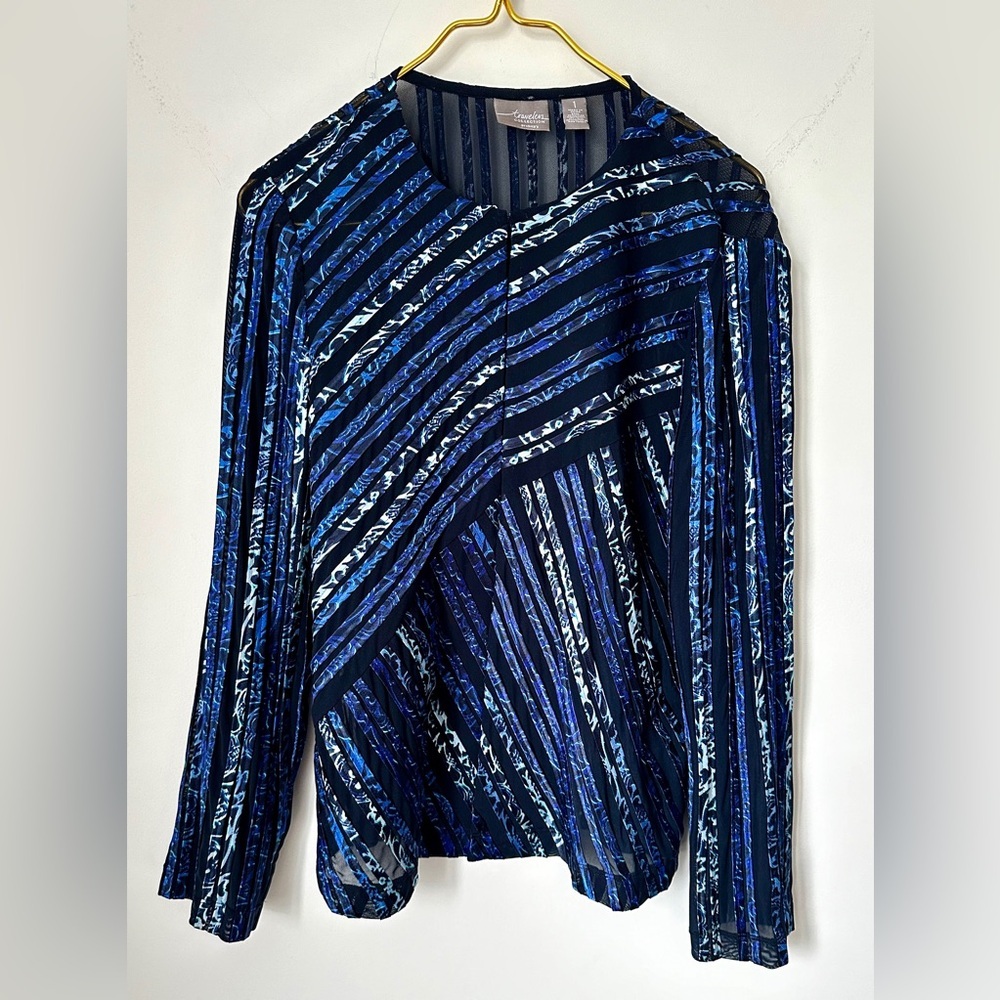 Chico’s Travelers Blue Mesh Satin Semi Sheer Open Cardigan Size 1 (US Medium)